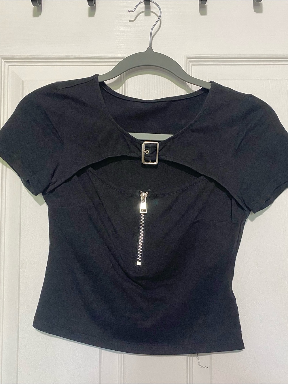 Black Short-Sleeve Crop Top with Front Zip and Buckle Accent